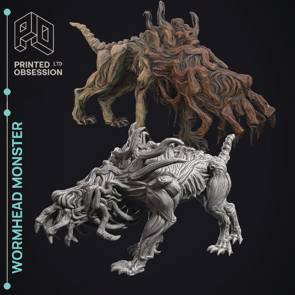 Two monster figurines labeled 'Wormhead Monster' with 'Printed Obsession' branding on a black background.