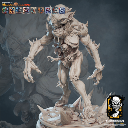 Monster figurine with detailed design on a dark background, featuring the 'Heroes & Villains' logo.