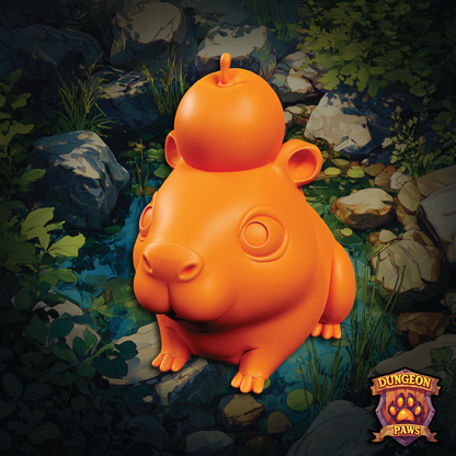 3D model of a chibi-style capybara guinea pig with a fruit apple orange on its head