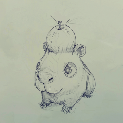 Concept art of a chibi-style capybara guinea pig with a fruit apple orange on its head