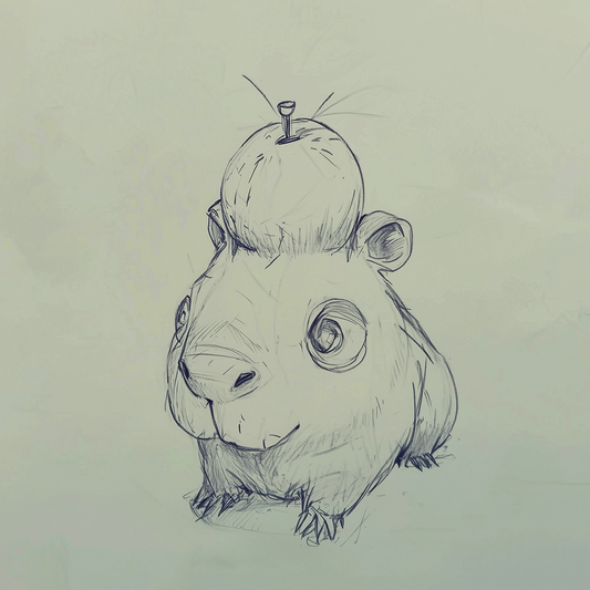 Concept art of a chibi-style capybara guinea pig with a fruit apple orange on its head