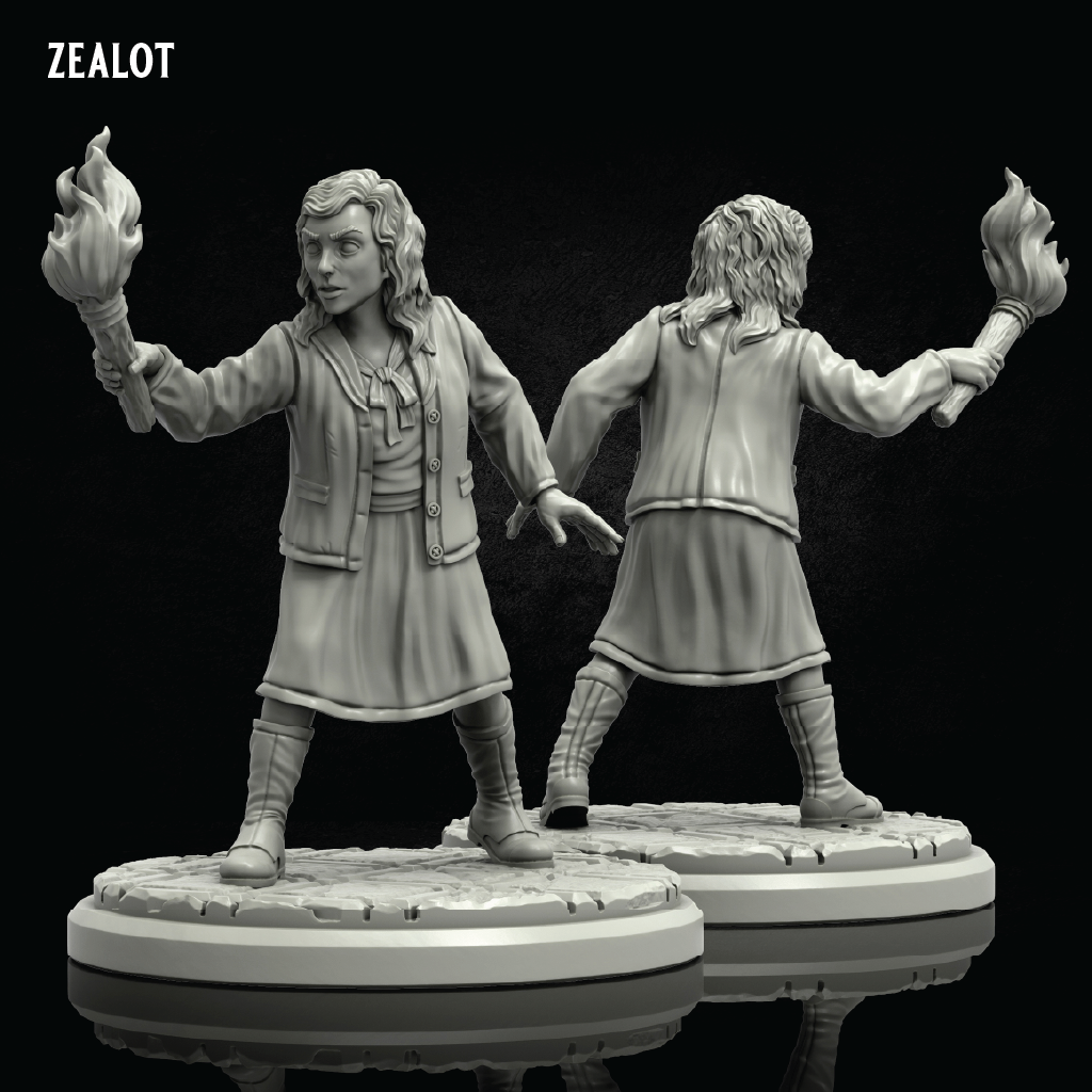 Two unpainted fantasy tabletop miniatures shown from front and back on a dark reflective background. The figures are wearing long coats and boots and each holds a flaming staff.