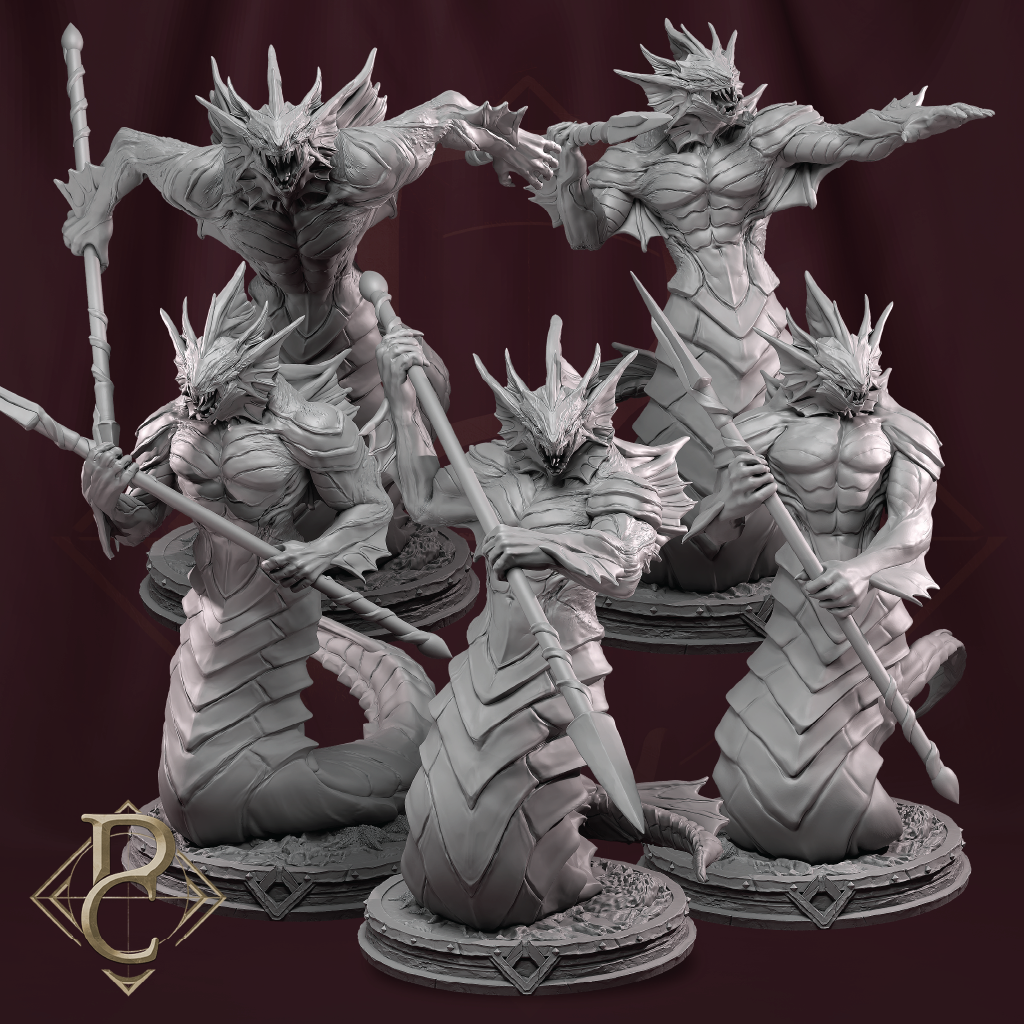 Gray fantasy figurines on stands against a dark background