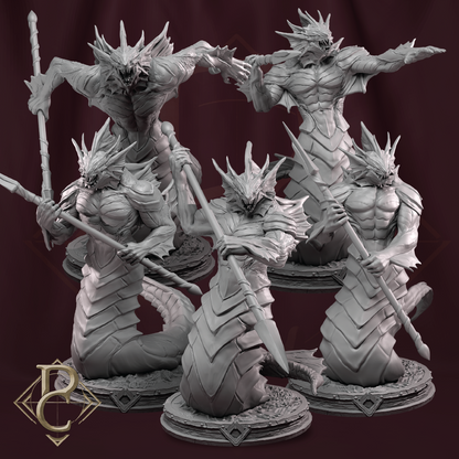 Gray fantasy figurines on stands against a dark background