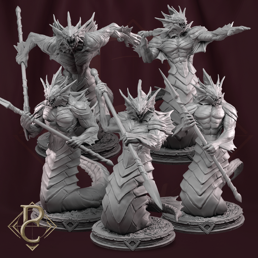 Gray fantasy figurines on stands against a dark background