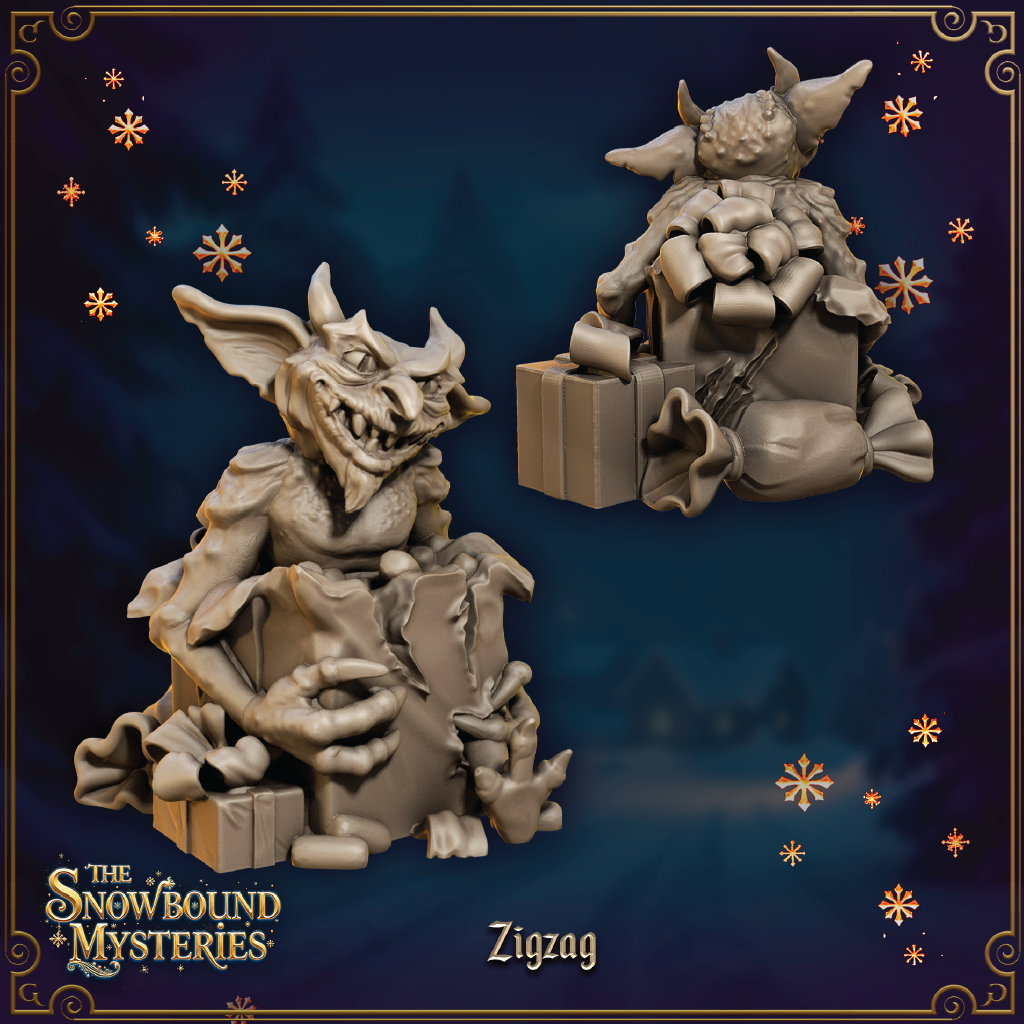 A render of a 3D model of a Christmas imp playing with torn presents.