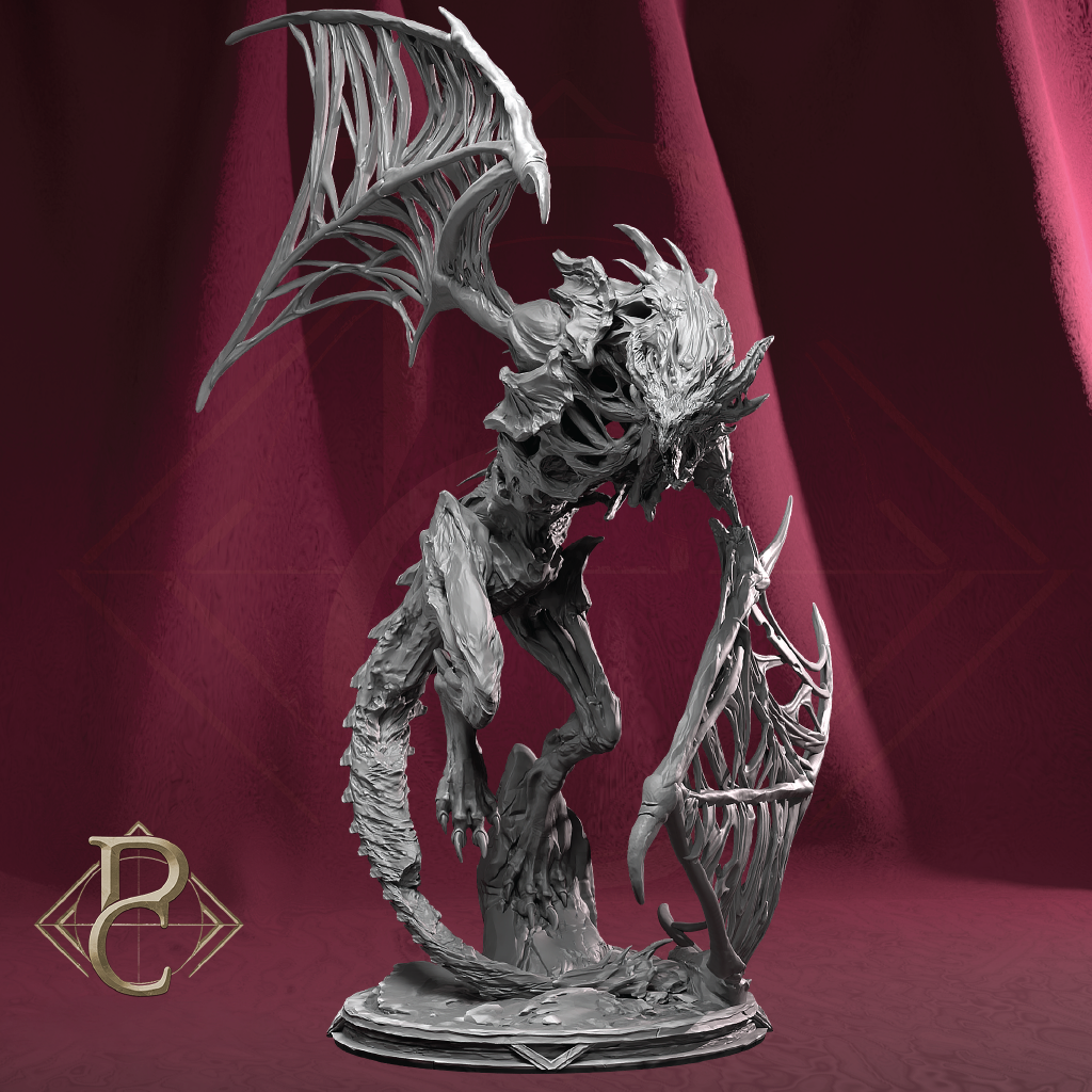 A detailed fantasy creature figurine or miniature statue with large bat-like wings, skeletal or organic textured body, glowing red eyes, and a circular base, photographed against a dark burgundy draped backdrop. A gold monogram logo appears in the lower-left corner.