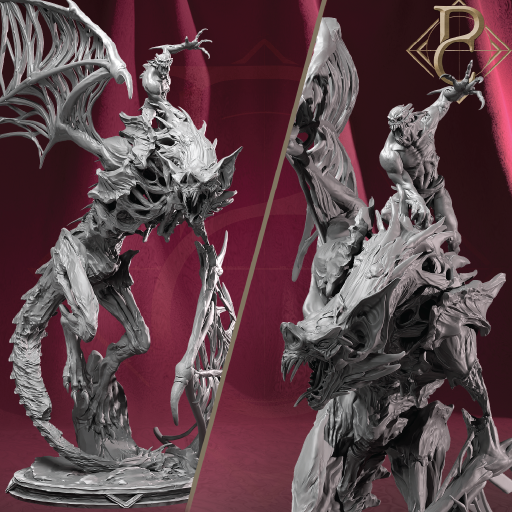 A monochrome fantasy figurine of a skeletal warrior riding a monstrous, winged creature, shown in two angled views against a dark red draped background. A stylized 'P' logo appears in the top right corner.