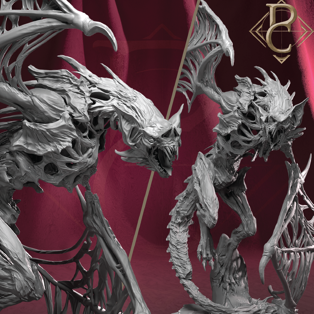 A pair of highly detailed, unpainted gray fantasy creature miniatures posed against a dark red draped background. The creatures have skeletal, spiky, and winged designs.