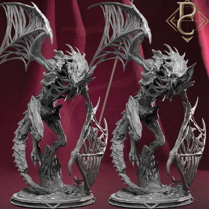 Two identical unpainted fantasy creature figurines with large bat-like wings and skeletal, reptilian features, shown against a dark red draped background with a stylized 'B' logo in the top right.