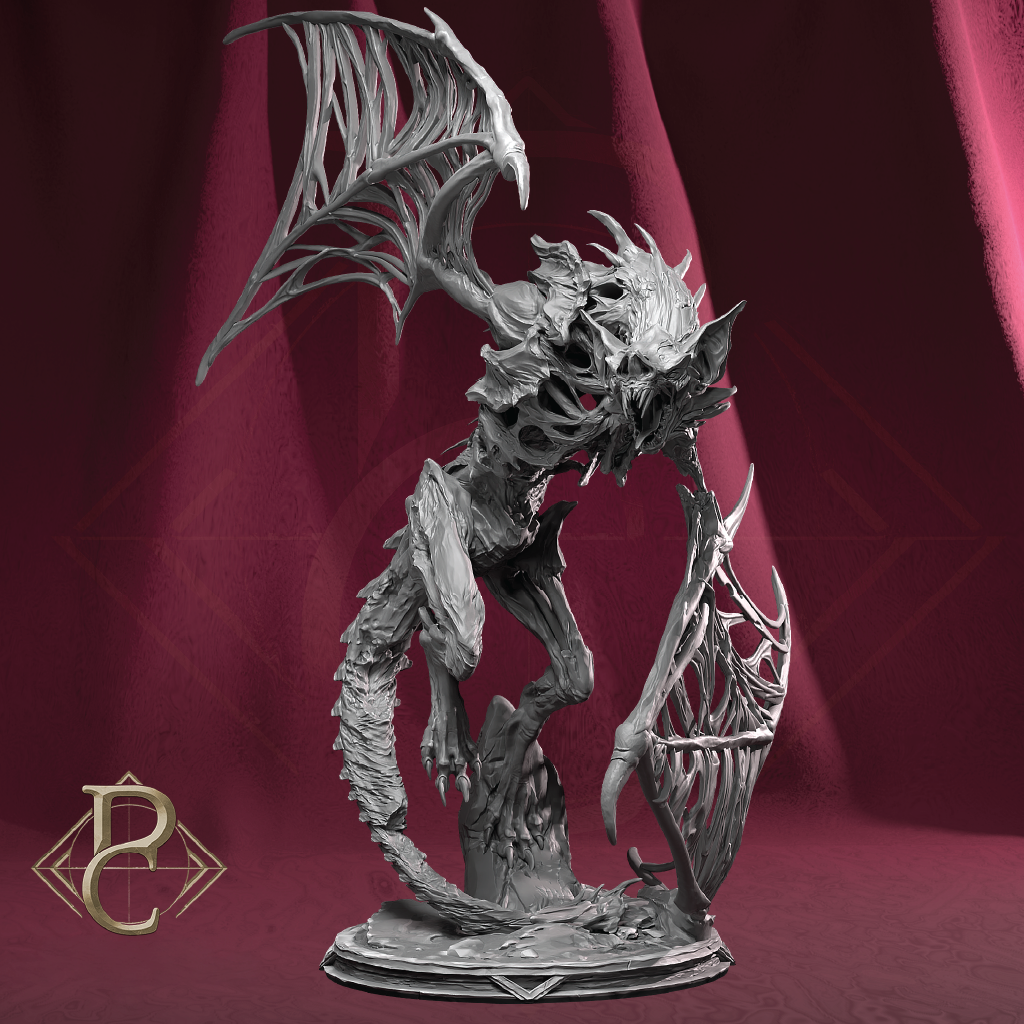 A detailed fantasy creature figurine with skeletal features, large wings, and a curved clawed tail, posed on a decorative base against a dark red draped backdrop. A stylized gold 'B' logo appears in the lower-left corner.