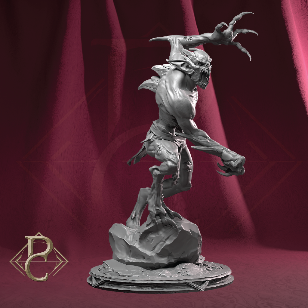 A gray fantasy creature figurine posed mid-leap on a rocky base, photographed against a draped burgundy backdrop. A stylized gold 'B' logo appears in the lower-left corner.
