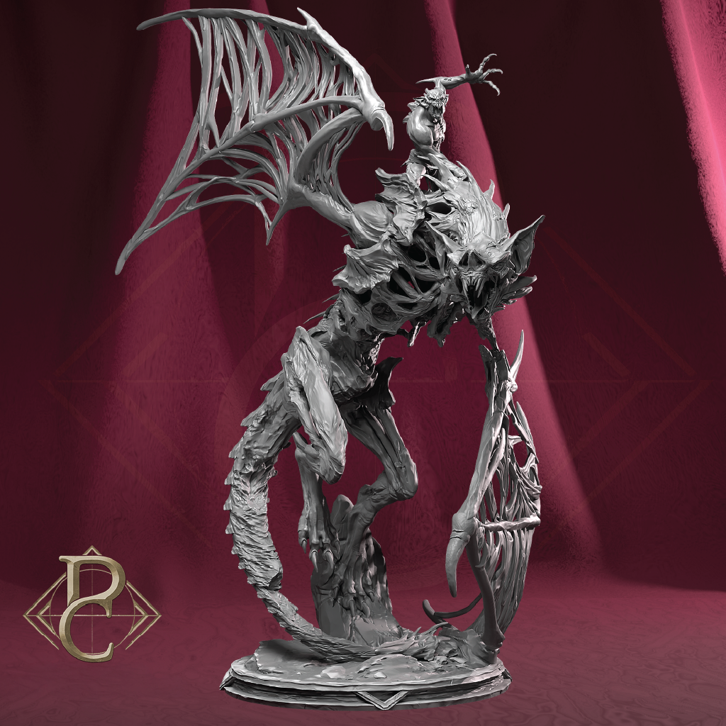 A detailed fantasy statue of a skeletal winged creature mounted on a gothic figure, shown in a uniform gray resin or plastic finish against a dark red draped backdrop. A stylized gold 'B' logo is visible in the bottom-left corner.