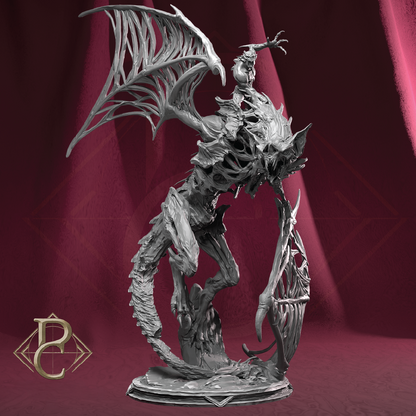 A detailed fantasy statue of a skeletal winged creature mounted on a gothic figure, shown in a uniform gray resin or plastic finish against a dark red draped backdrop. A stylized gold 'B' logo is visible in the bottom-left corner.