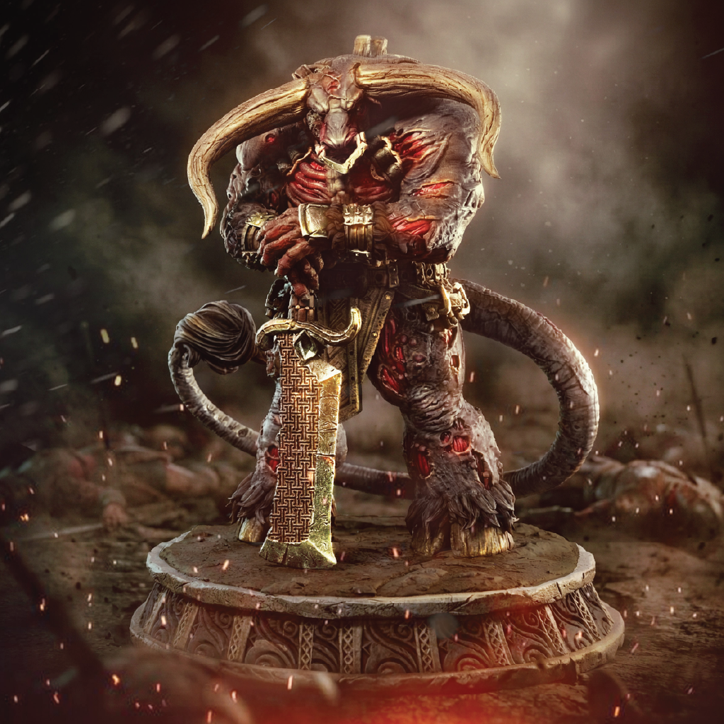 An artistic render of a zombie minotaur standing guard wielding a greatsword as a staff in front of him