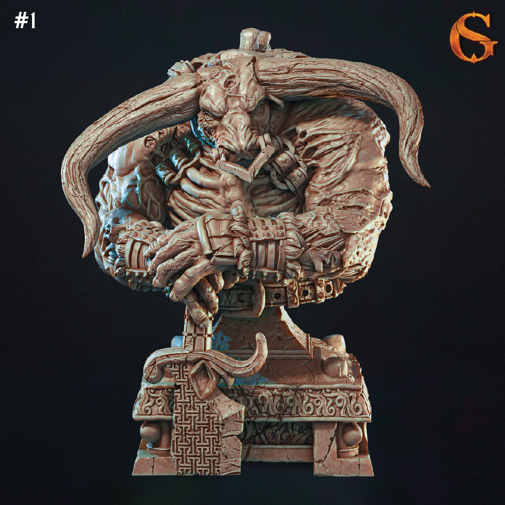 A 3D model bust of a zombie minotaur standing guard wielding a greatsword as a staff in front of him