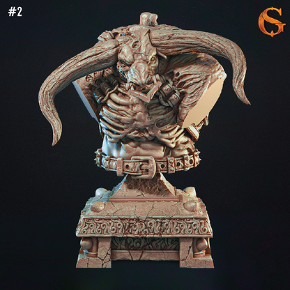 A 3D model bust of a zombie minotaur standing guard