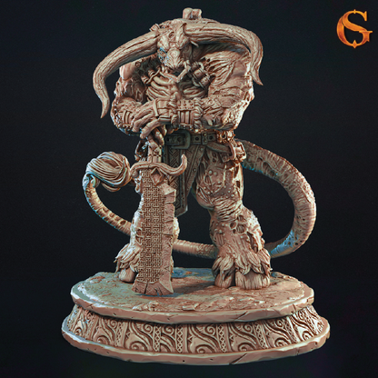 A 3D model of a zombie minotaur standing guard wielding a greatsword as a staff in front of him