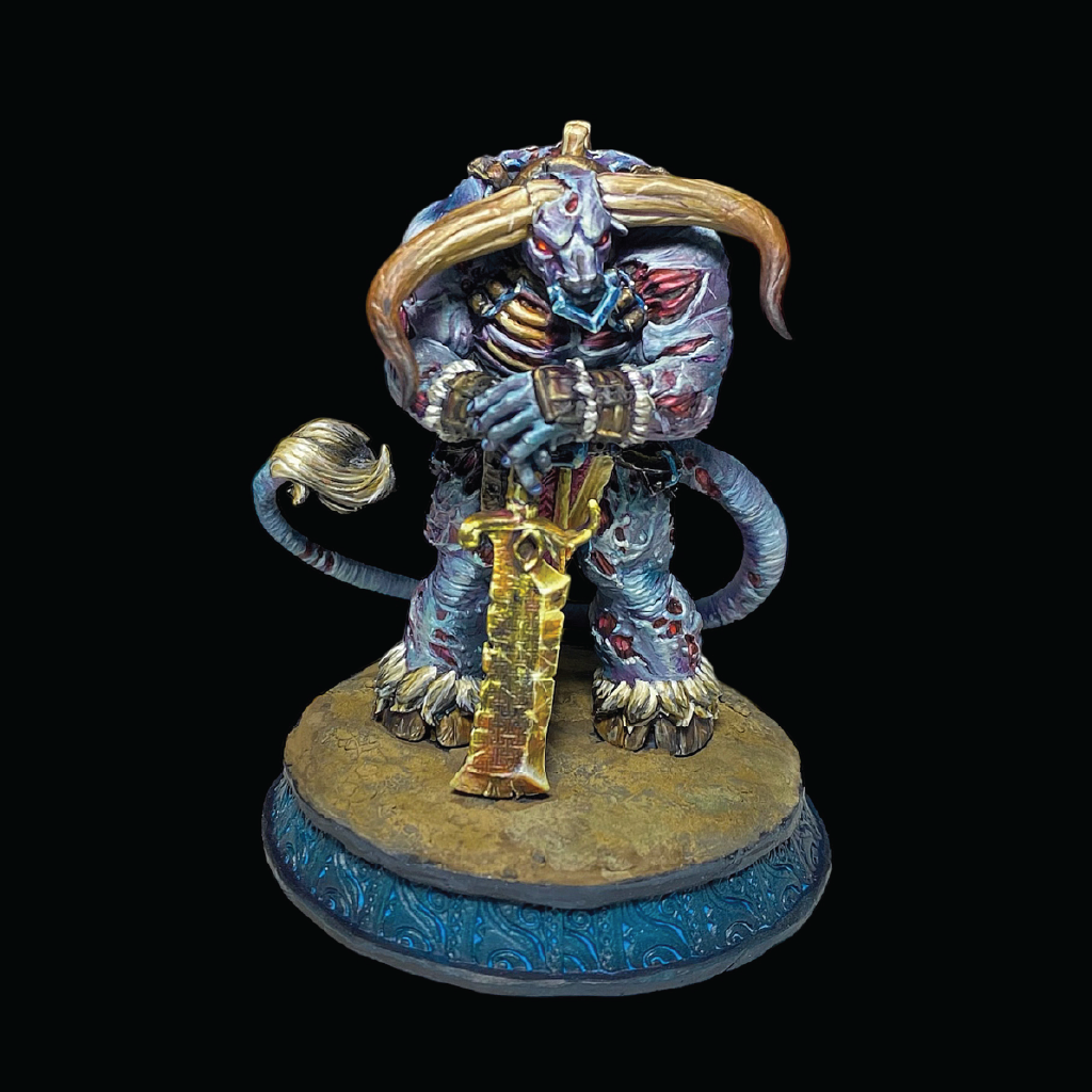 A painted 3D print of a zombie minotaur standing guard wielding a greatsword as a staff in front of him