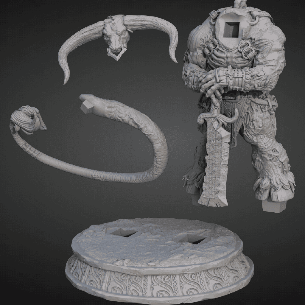 A render of the parts of a 3D model of a zombie minotaur standing guard wielding a greatsword as a staff in front of him
