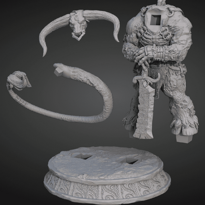 A render of the parts of a 3D model of a zombie minotaur standing guard wielding a greatsword as a staff in front of him