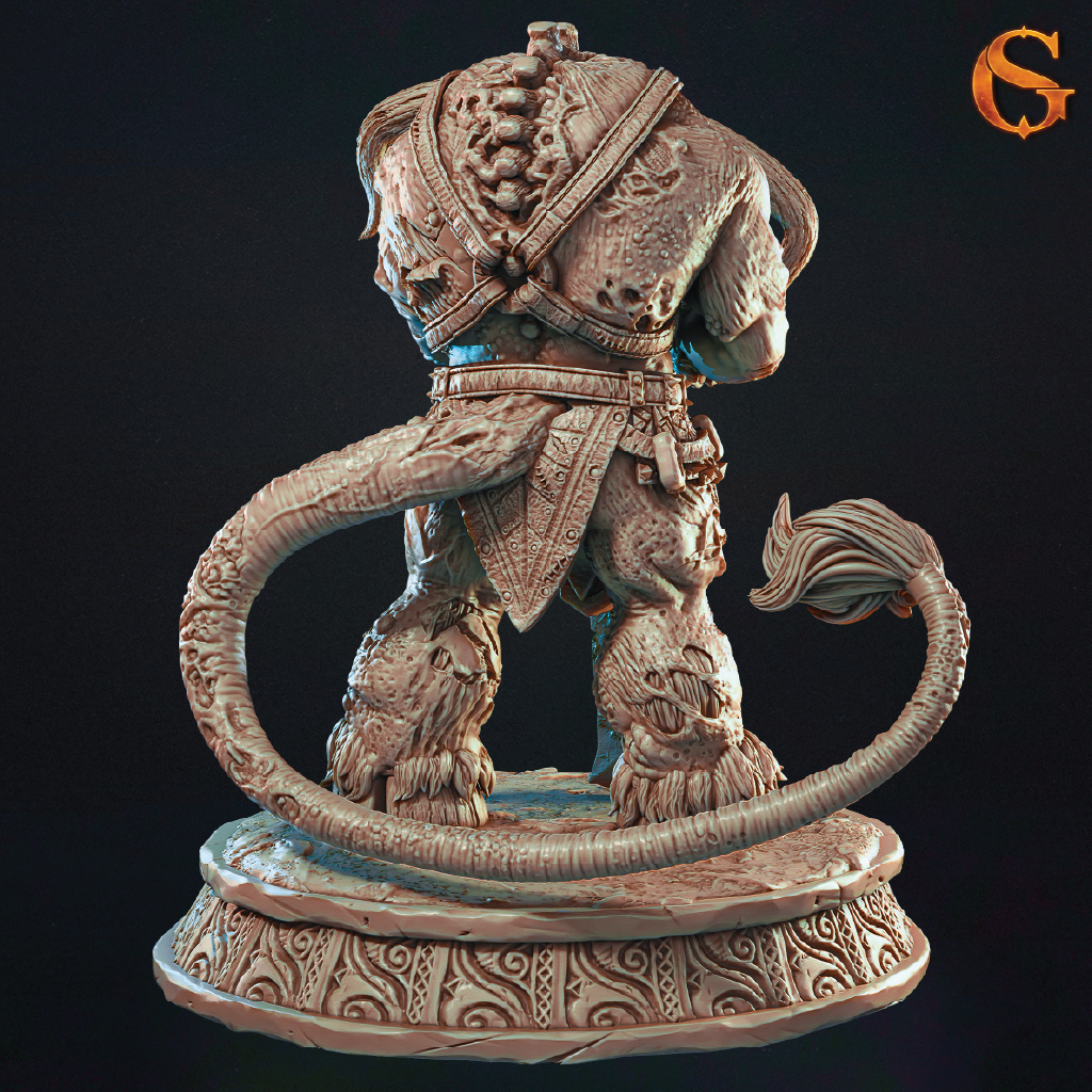 A rear view of a 3D model of a zombie minotaur standing guard wielding a greatsword as a staff in front of him