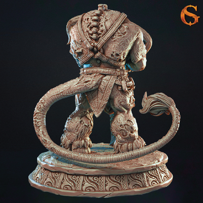A rear view of a 3D model of a zombie minotaur standing guard wielding a greatsword as a staff in front of him