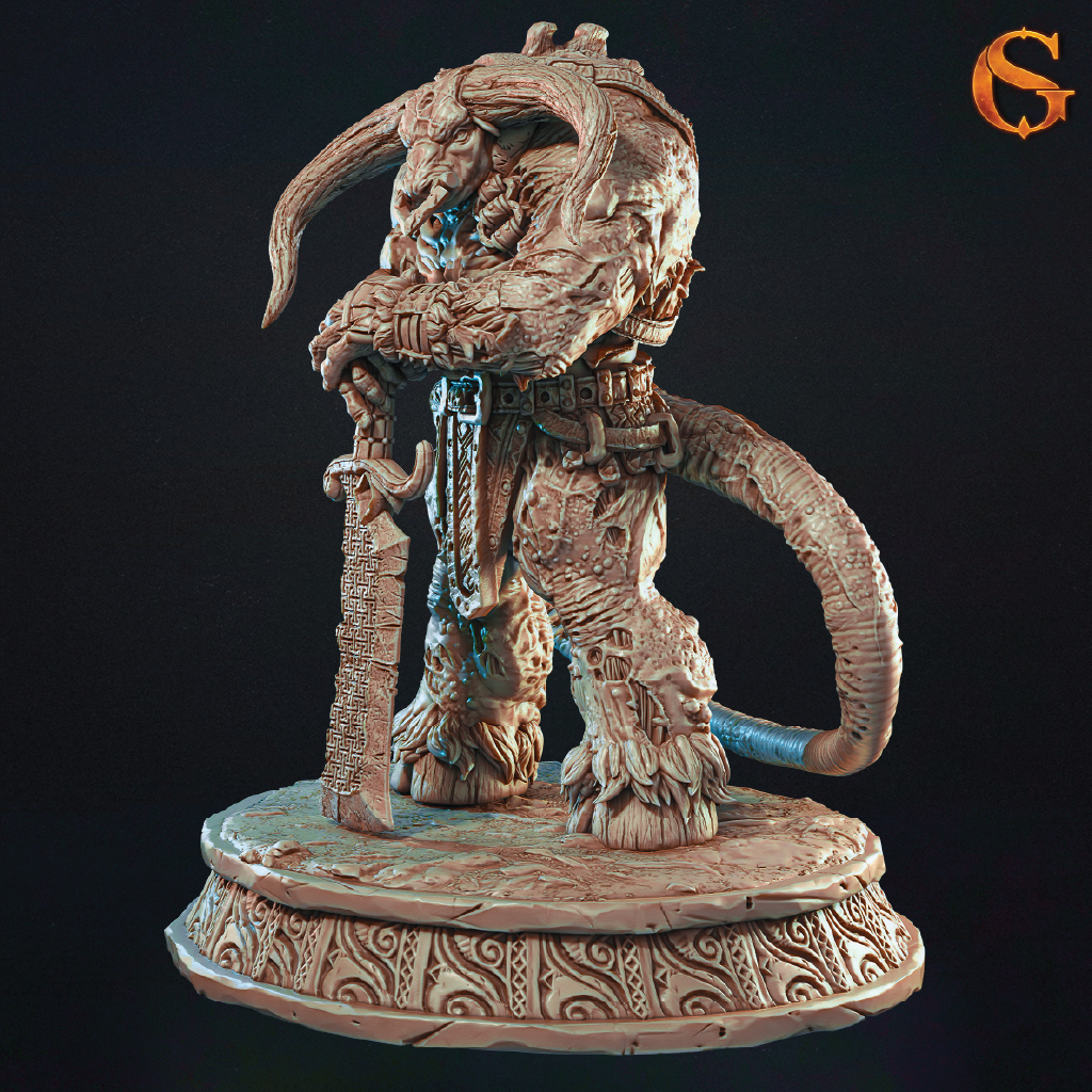 A side view of a 3D model of a zombie minotaur standing guard wielding a greatsword as a staff in front of him