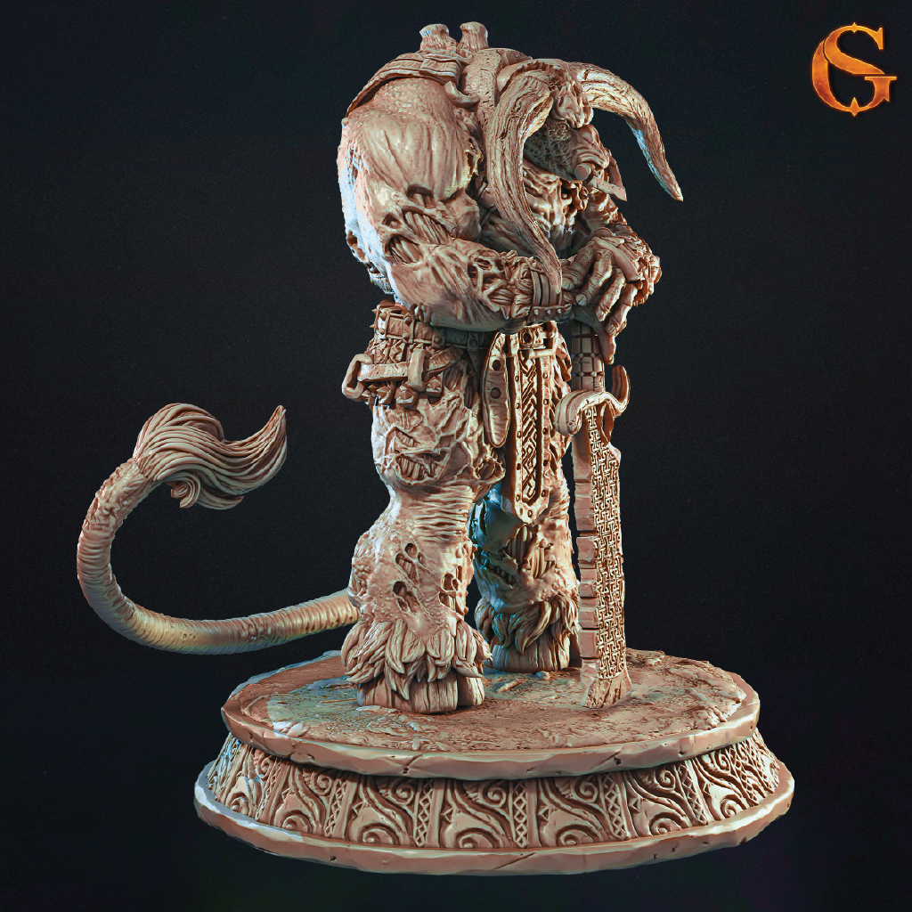 A side view of a 3D model of a zombie minotaur standing guard wielding a greatsword as a staff in front of him